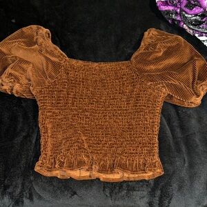 Brown Smocked Puff Sleeve Top
